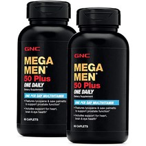 멀티비타민 GNC Mega Men 50 Plus 원 데일리 종합 비타민 트윈 팩 병당 60캡슐 심장 두뇌 및 눈 건강 지원, [01] 60개(1팩)