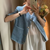 여성 블루 반팔 트위드 자켓 여름 예식장룩 청담며느리룩 회사 복장 옷차림 결혼식