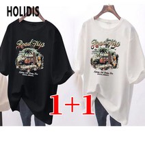 HOLIDIS 1+1 여성 빅사이즈 오버핏 티셔츠 여름 반팔 롱 맨투맨 40-150KG