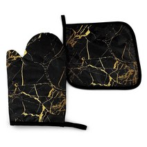 RENGMAN 블랙 골드 대리석 오븐 장갑 냄비 홀더 내열성 안전한 요리 베이킹 그릴, Gold