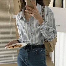 린넨긴팔셔츠 린넨 셔츠 블라우스 블루 스트라이프 코튼 탑 긴팔 심플한 와일드 여성 복고풍