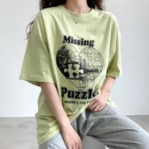 남자 오버핏 퍼즐 프린팅 코튼 라운드 반팔티 4컬러