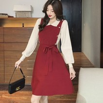 배색 레이어드 스타일 니트 원피스 오피스룩
