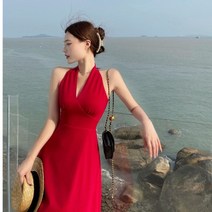 태교 셔링 쉬폰 빅사이즈비치원피스 등파임 스커트 바캉스룩 A라인 드레스 민소매 슬림핏