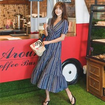 헤링본 롱 여름 비치원피스 브이넥 반팔 프릴 데일리 맥시 플레어 휴양지룩 바캉스 비치웨어 HC433