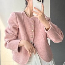 여성용 라운드넥 루퍼 테일러드 트위드 세미 크롭 자켓