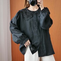 햄프린넨 Johnature-여성 블랙 빈티지 루즈 셔츠 리넨 가을 블라우스 버튼 2023 뉴 피터팬 칼라 여성 의류, 01 Black_01 싱글 사이즈