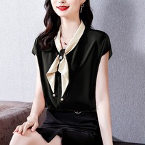 알리팡(Alipang) 봄 여름 중년 여성 상의 반팔 반소매 카라넥 보타이 리본 캡소매 빅사이즈 넉넉한 쉬폰 블라우스 여성스러운 셔츠