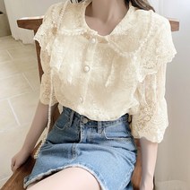 망고베이비 여성 여름 레이스 셔츠 인형 카라 반팔 남방 빅 사이즈3XL