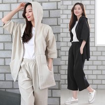 빅빅몰 [세트가격] 라미 린넨 후드 집업 8부 와이드 팬츠 여성 여름 바지
