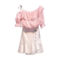 하객룩투피스 하이틴룩 봄 셋업 쉬폰 투피스세트 여성 여름오프 숄더 프릴 셔츠 미니 스커트 반팔 세트