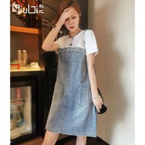 반팔데님원피스 여성용 패치워크 짧은 데님 드레스 루즈 자수 레터 반팔 주머니가 달린 캐주얼 의류 여름