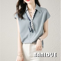 [바니드] 여성 고급 블라우스 유럽풍 넥타이 셔츠 라글란 반팔 V넥 옷깃 0958
