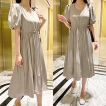 데일리앤 바비즈 반팔 무지 플리츠 퍼프 소매 봄 여름 롱 원피스