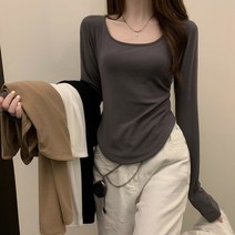 루나글램 U넥 긴팔티 크롭티