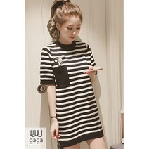 유유가가 여성 캐주얼 스트라이프 반팔 라운드넥 냐옹이 귀여운티