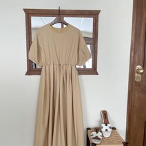 마롱패션 라운드넥 뒷 지퍼 웨스트라인 스트링 반팔 원피스 면