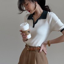 메이킹유 반팔 카라넥 골지니트 슬림핏 라인배색 1253애니끄니트