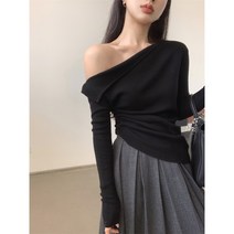 블랙 오프숄더 스웨터 여성 봄 숏 슬림 긴팔 일자숄더 니트 이너탑