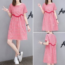 ROGBID 반팔 원피스 여성복 여름 롱 와이드 체크 스커트