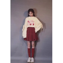 주름 긴팔 원피스 인싸템 작은 키 청순 달다 코디 베이지칼라 맨투맨 레드 플리츠 스커트 룩 여성 3950999524