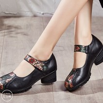 도오빠 여성 구두 미들힐 가보시 여자 중년 신발 가죽 수제 찍찍이 벨크로 둥근코 꽃 봄 여름 가을 통굽 컴포트