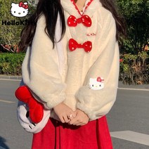 양털후리스 헬로 키티 카와이 패션 솜털 까마귀 Y2k 소녀 캐주얼 느슨한 두꺼운 카디건 탑 여성 귀여운 옷 코트 하라주쿠 그런지