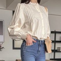 로로텐 헨리넥 셔링 퍼프소매 블라우스 면 핀턱 빅사이즈