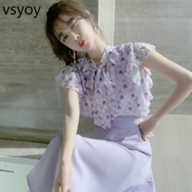 vsyoy 프랑스 사교계 정장 여성 여름 2023 새로운 소금 착용 기질 쉬폰 코트 퍼플 스커트 투피스 세트