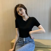 여성 반팔 라운드 크롭 니트티 배꼽 티셔츠 2022 여름 드레스 디자인 틈새