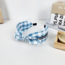 블루 에이프릴 체크 레터링 리본 반다나 헤어밴드