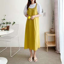 여자 끈나시 민소매 무지 A라인 겨자색 셔링 롱원피스