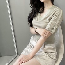 쿠치 실크 비즈 부드러운소재 브이넥 시보리 7부 롤업 니트