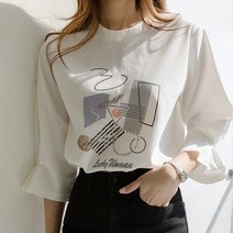 스타일온미 드로잉 5부 핀턱 퍼프소매 티셔츠