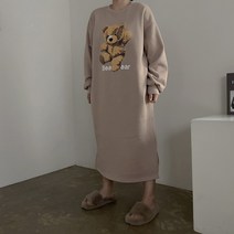 [비비애르] 기모 미니 베어 곰돌이 코튼 롱 원피스 쭈리 맨투맨 홈웨어 겨울 오버핏원피스