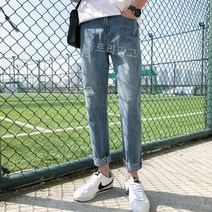 울트라망고 남성용 데일리 통 데님팬츠 슬림핏 일자 워싱 찢청바지 APW815