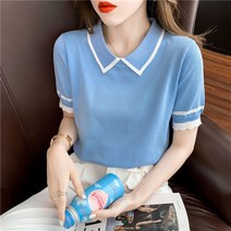 지9차이나 인형 칼라 실크 니트 반팔 티셔츠