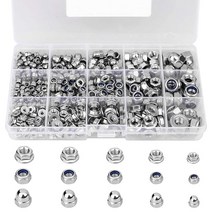 385pcs 잠금 너트 구색의 Hex 플랜지 너트 M3 M4 M5 M6 M8 스테인레스 스틸 삽입 나일론 로크넛 미터 조달자 모듬, 하나, 은