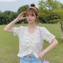 연보라반팔 100 폴리에스테르 섬유 숏 플라워 드로스트링 셔츠 여성 브이넥 디자인감각 상의 2672448775