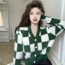 여성 봄 루즈핏 가디건 바둑판 스웨터 겉옷 2022 복고풍 일본식 스타일 긴팔