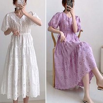 리틀깽스 여성스러운 허리 스트링 리본 퍼프소매 여름 마 린넨 아일렛 펀칭자수 롱 미디 원피스 여름휴가패션 하객패션