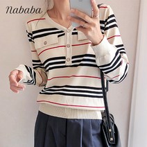 나바바 NK285 여성 베이직 버튼 스트라이프 브이넥 긴팔 니트티