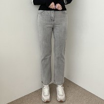 VANANA2 여성 데일리 캐주얼 뒷밴딩 포인트 세미 일자핏 와이드 그레이 데님 청바지