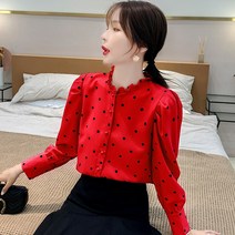 넥셔츠 가을옷 스타일리쉬 인싸템 긴 소매 도트 프릴 쉬폰 와이셔츠 반팔셔츠 여성 637949126