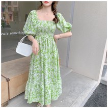 반팔 오프숄더 스모킹 플라워 원피스