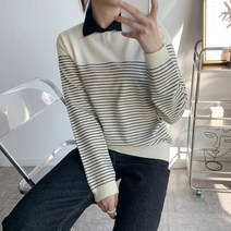 오오엘 여성용 간절기 스트라이프 데이즈 단 카라 니트