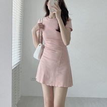 [랜덤플레이] 라운드 넥 슬림 반팔 미니 원피스