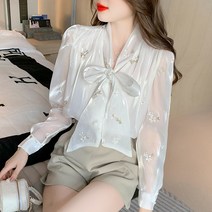 여성 실크 리본 러블리 플라워패턴 블라우스