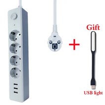 멀티탭EU 소켓 250V 16A 2500W 3 USB 충전 전화 4/3 콘센트 전원 스트립 집 전압 보호, 01 250 볼트_01 white_01 EU, 01 model 1 with light