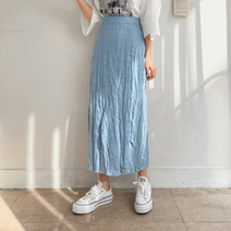 데님 청 주름 쭈글이 H라인 밴딩 롱 스커트 2color
